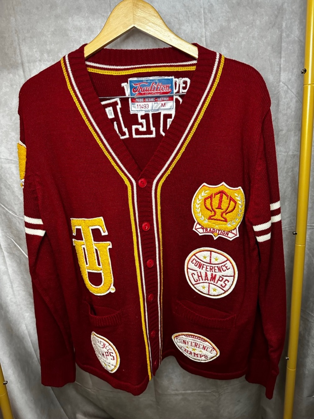 Vintage Golden Tigers Varsity Cardigan Sweater Patchwork Red Size M